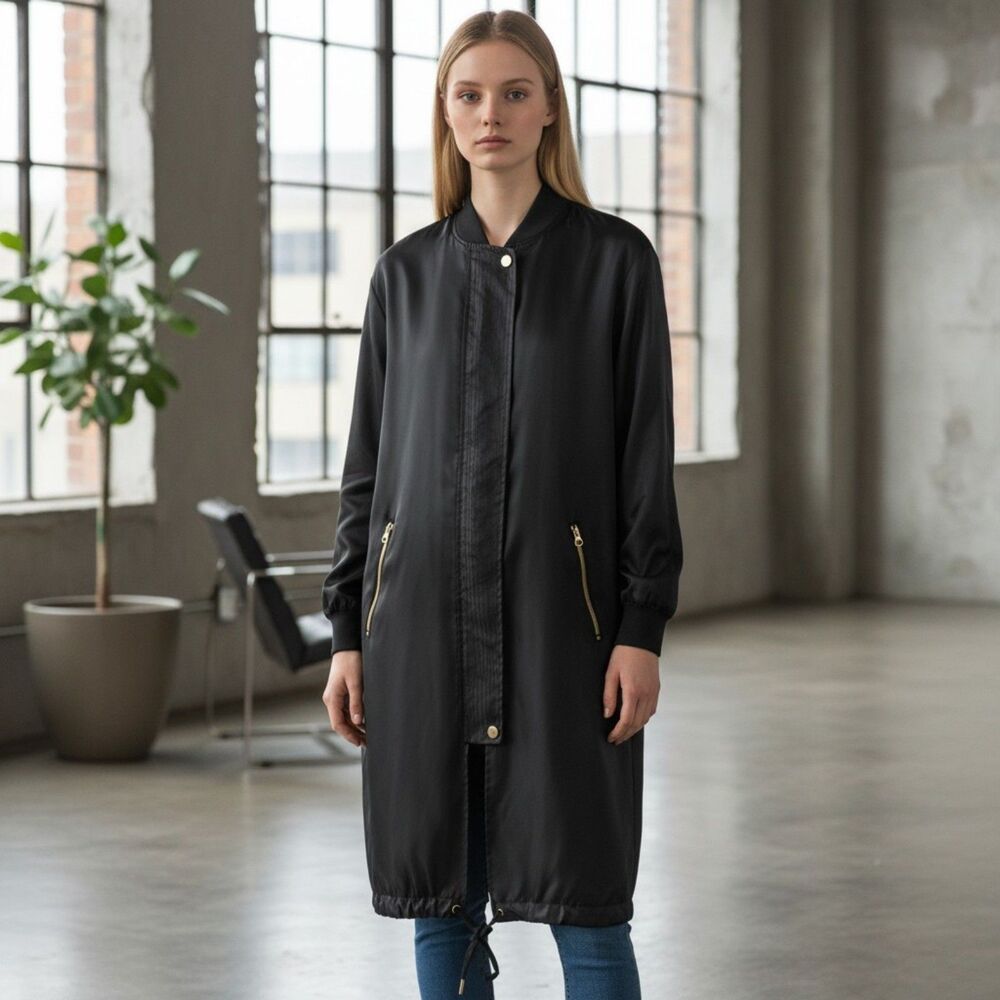 Victoria Sport Long Satin Bomber Jacket size XS Black Trench Coat Athleisure